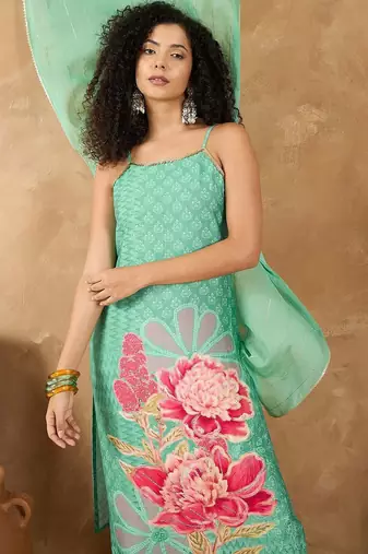 Women Spaghetti Strap Floral Kurta with Trousers and Dupatta