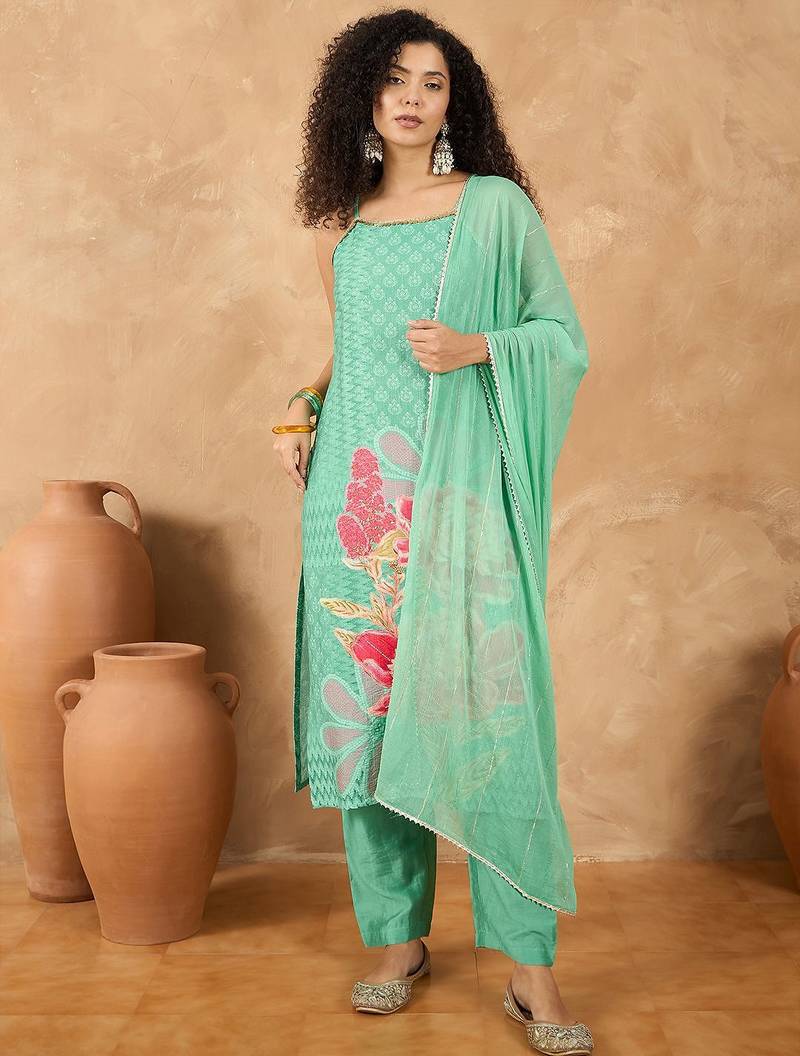 Women Spaghetti Strap Floral Kurta with Trousers and Dupatta