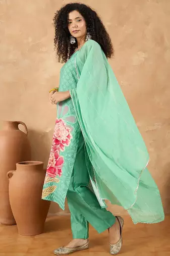 Women Spaghetti Strap Floral Kurta with Trousers and Dupatta