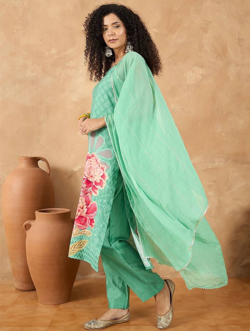 Women Spaghetti Strap Floral Kurta with Trousers and Dupatta