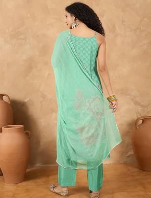 Women Spaghetti Strap Floral Kurta with Trousers and Dupatta 6