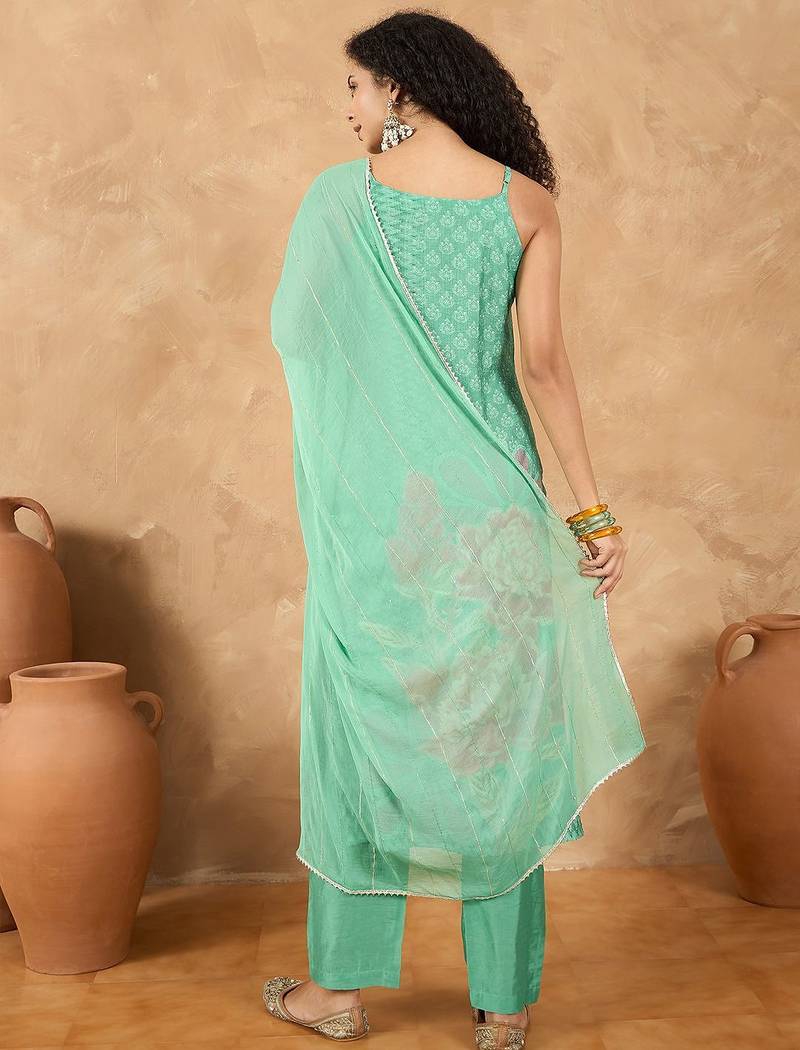 Women Spaghetti Strap Floral Kurta with Trousers and Dupatta