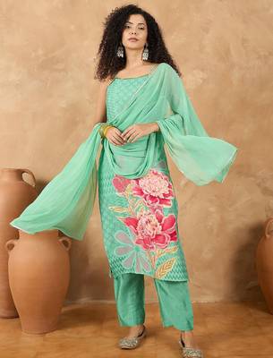 Women Spaghetti Strap Floral Kurta with Trousers and Dupatta 7