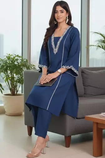 Women Ethnic Motifs Embroidered Regular Thread Work Kurta with Trousers