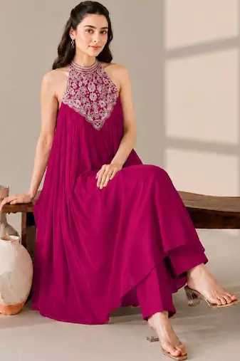 Women Ethnic Motifs Embroidered Empire Thread Work Silk Georgette Kurta with Trousers