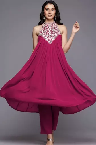 Women Ethnic Motifs Embroidered Empire Thread Work Silk Georgette Kurta with Trousers