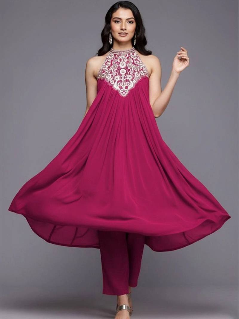 Women Ethnic Motifs Embroidered Empire Thread Work Silk Georgette Kurta with Trousers