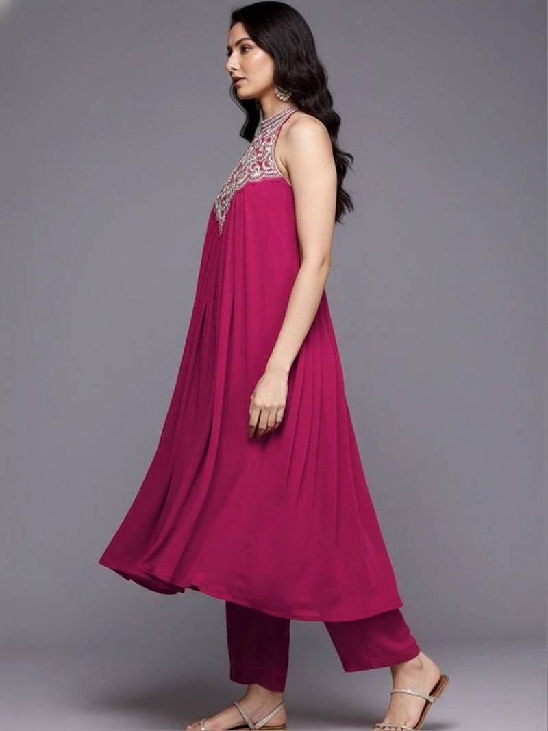 Women Ethnic Motifs Embroidered Empire Thread Work Silk Georgette Kurta with Trousers