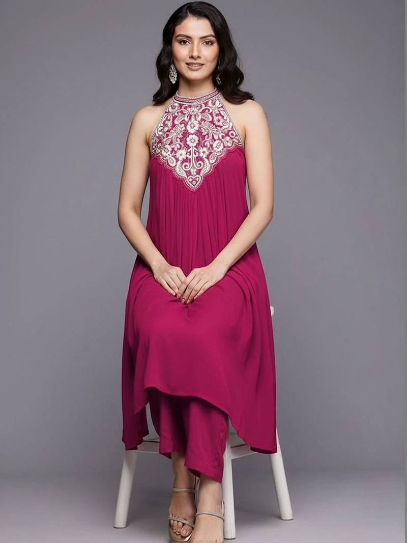 Women Ethnic Motifs Embroidered Empire Thread Work Silk Georgette Kurta with Trousers