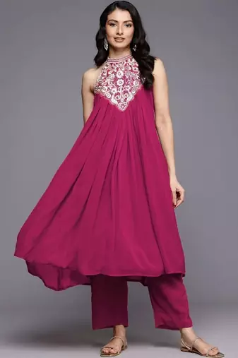 Women Ethnic Motifs Embroidered Empire Thread Work Silk Georgette Kurta with Trousers