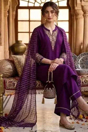 Women Regular Kurta with Trousers & With Dupatta