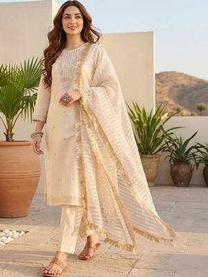 Women Ethnic Motifs Embroidered Regular Thread Work Kurta with Trousers & With Dupatta 1