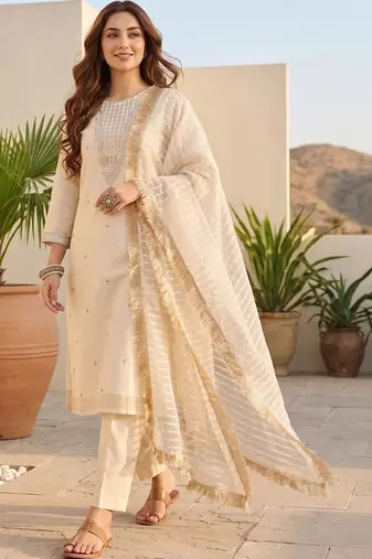 Women Ethnic Motifs Embroidered Regular Thread Work Kurta with Trousers & With Dupatta