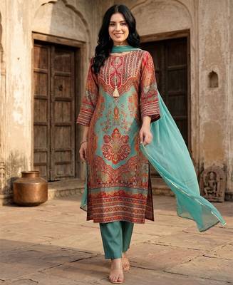 Women Ethnic Motifs Printed Regular Gotta Patti Chanderi Silk Kurta with Trousers & With Dupatta 1