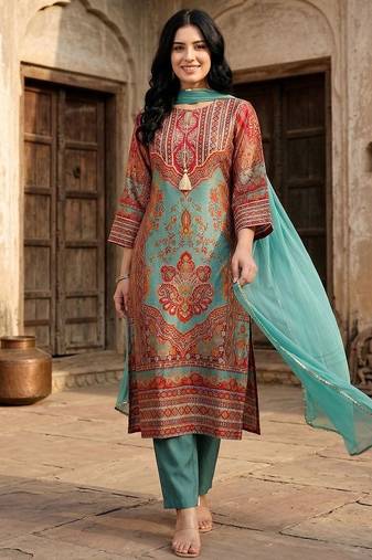 Women Ethnic Motifs Printed Regular Gotta Patti Chanderi Silk Kurta with Trousers & With Dupatta