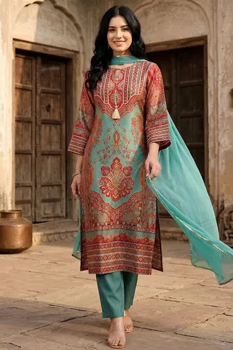 Women Ethnic Motifs Printed Regular Gotta Patti Chanderi Silk Kurta with Trousers & With Dupatta