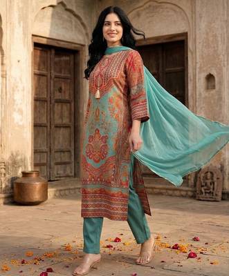 Women Ethnic Motifs Printed Regular Gotta Patti Chanderi Silk Kurta with Trousers & With Dupatta 3