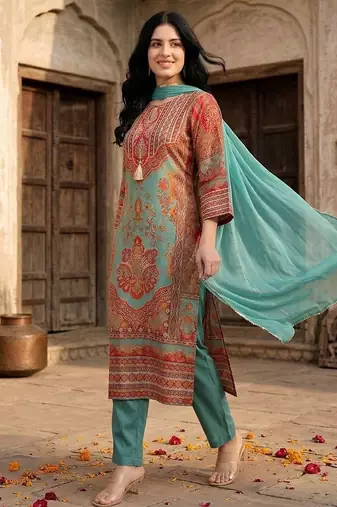 Women Ethnic Motifs Printed Regular Gotta Patti Chanderi Silk Kurta with Trousers & With Dupatta