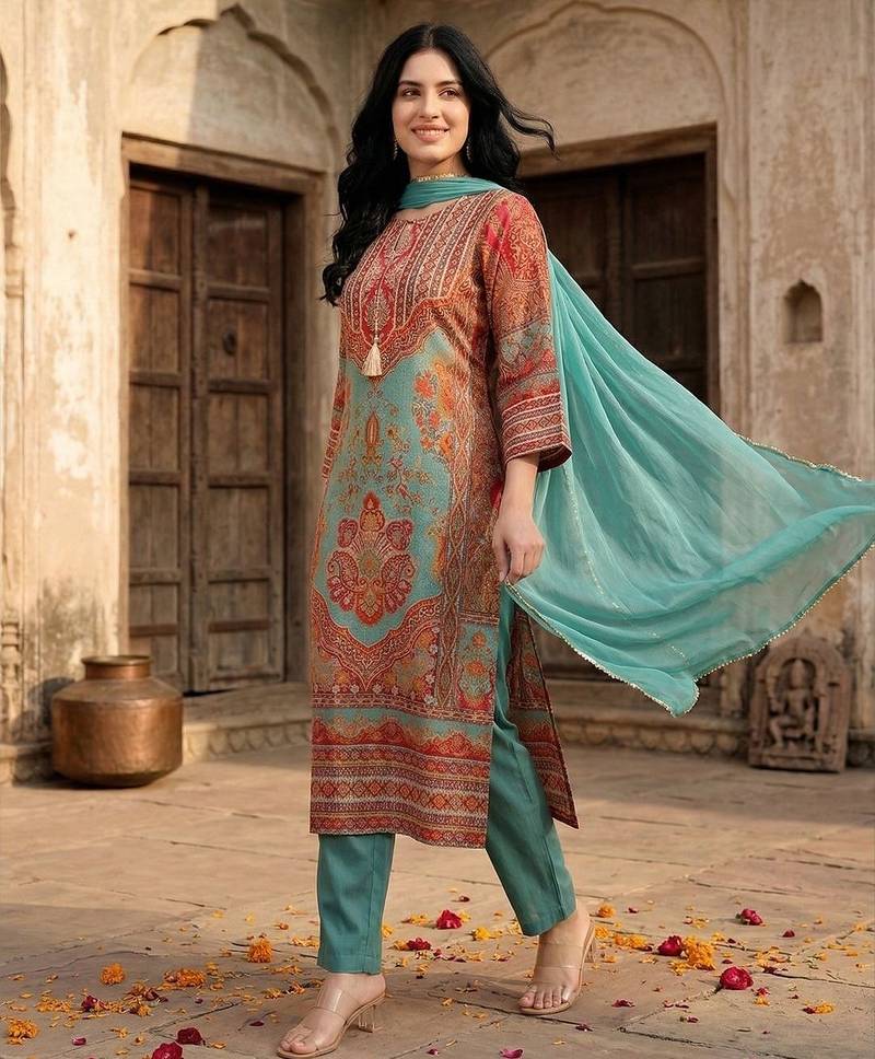 Women Ethnic Motifs Printed Regular Gotta Patti Chanderi Silk Kurta with Trousers & With Dupatta