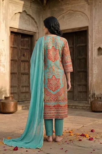 Women Ethnic Motifs Printed Regular Gotta Patti Chanderi Silk Kurta with Trousers & With Dupatta