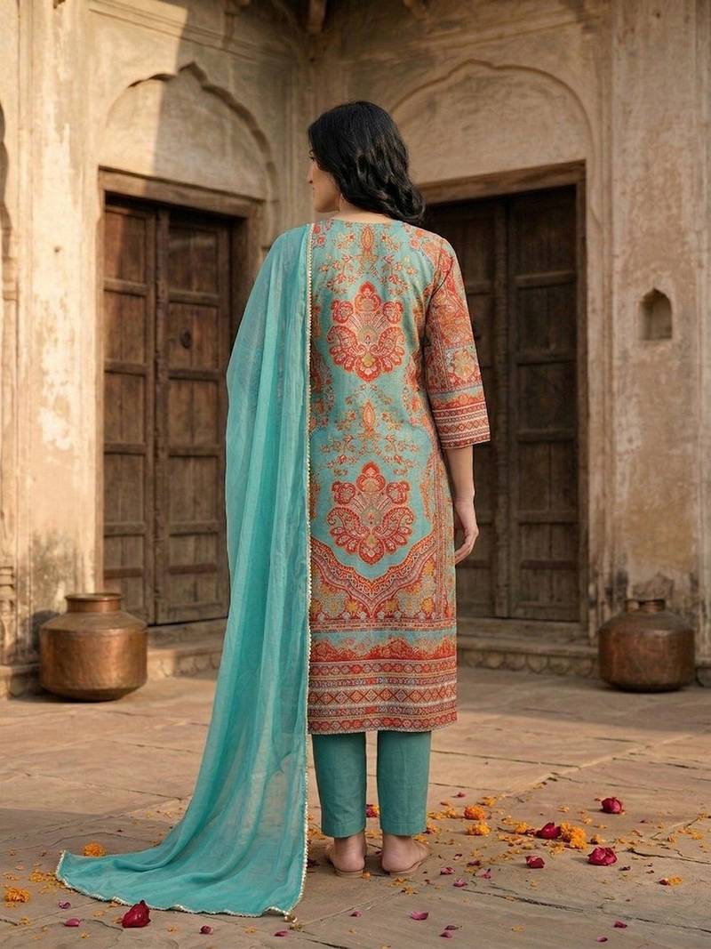 Women Ethnic Motifs Printed Regular Gotta Patti Chanderi Silk Kurta with Trousers & With Dupatta