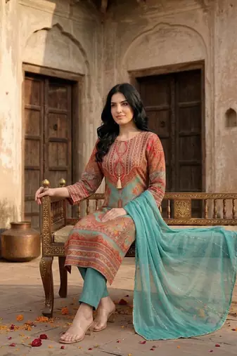 Women Ethnic Motifs Printed Regular Gotta Patti Chanderi Silk Kurta with Trousers & With Dupatta