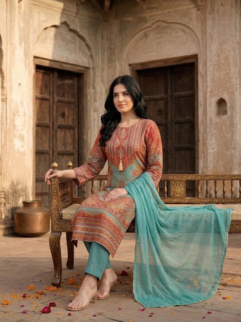 Women Ethnic Motifs Printed Regular Gotta Patti Chanderi Silk Kurta with Trousers & With Dupatta