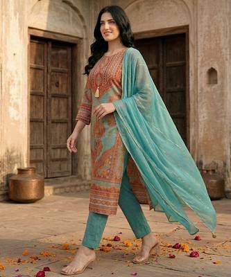 Women Ethnic Motifs Printed Regular Gotta Patti Chanderi Silk Kurta with Trousers & With Dupatta 6