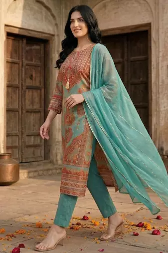 Women Ethnic Motifs Printed Regular Gotta Patti Chanderi Silk Kurta with Trousers & With Dupatta