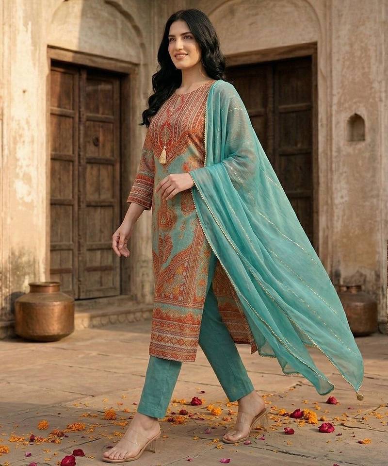 Women Ethnic Motifs Printed Regular Gotta Patti Chanderi Silk Kurta with Trousers & With Dupatta