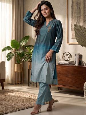 Women Ombre Dyed Regular Thread Work Kurta with Trousers 1