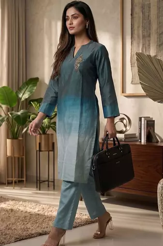Women Ombre Dyed Regular Thread Work Kurta with Trousers