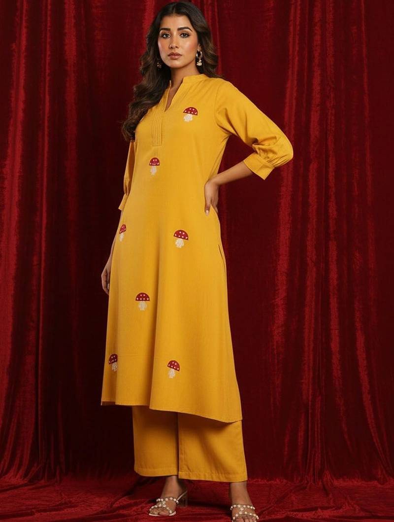 Cotton Flex Embroidered Regular Thread Work Kurta With Palazzos