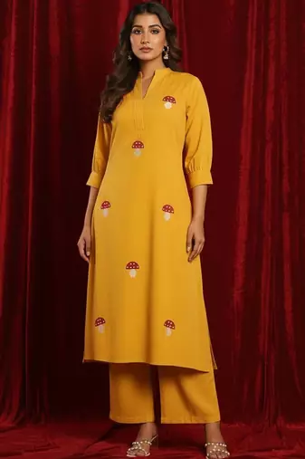 Cotton Flex Embroidered Regular Thread Work Kurta With Palazzos