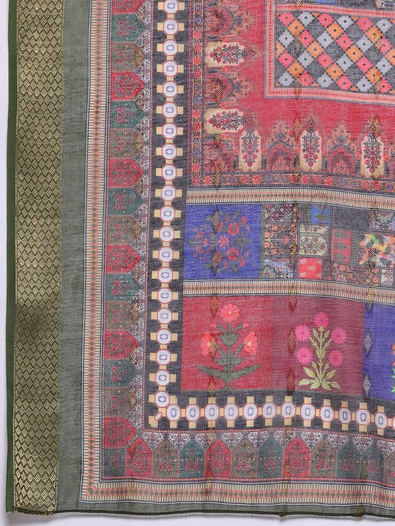 Thread & Zari Embroidered Kurta with Trouser & Ethnic Printed Dupatta