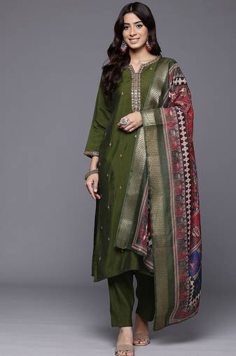 Thread & Zari Embroidered Kurta with Trouser & Ethnic Printed Dupatta