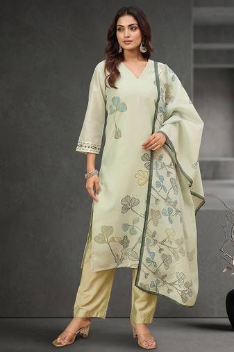 Women Floral Printed Regular Thread Work Chanderi Cotton Kurta with Trousers & With Dupatta