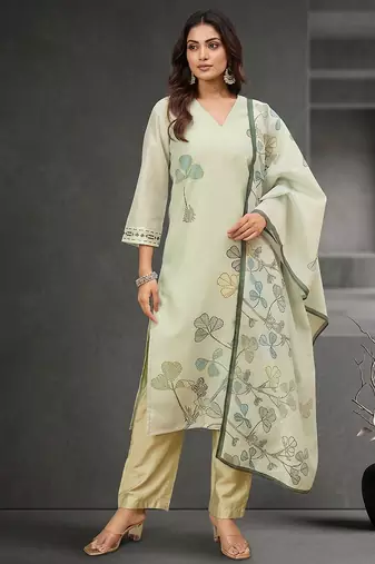 Women Floral Printed Regular Thread Work Chanderi Cotton Kurta with Trousers & With Dupatta