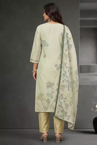 Women Floral Printed Regular Thread Work Chanderi Cotton Kurta with Trousers & With Dupatta