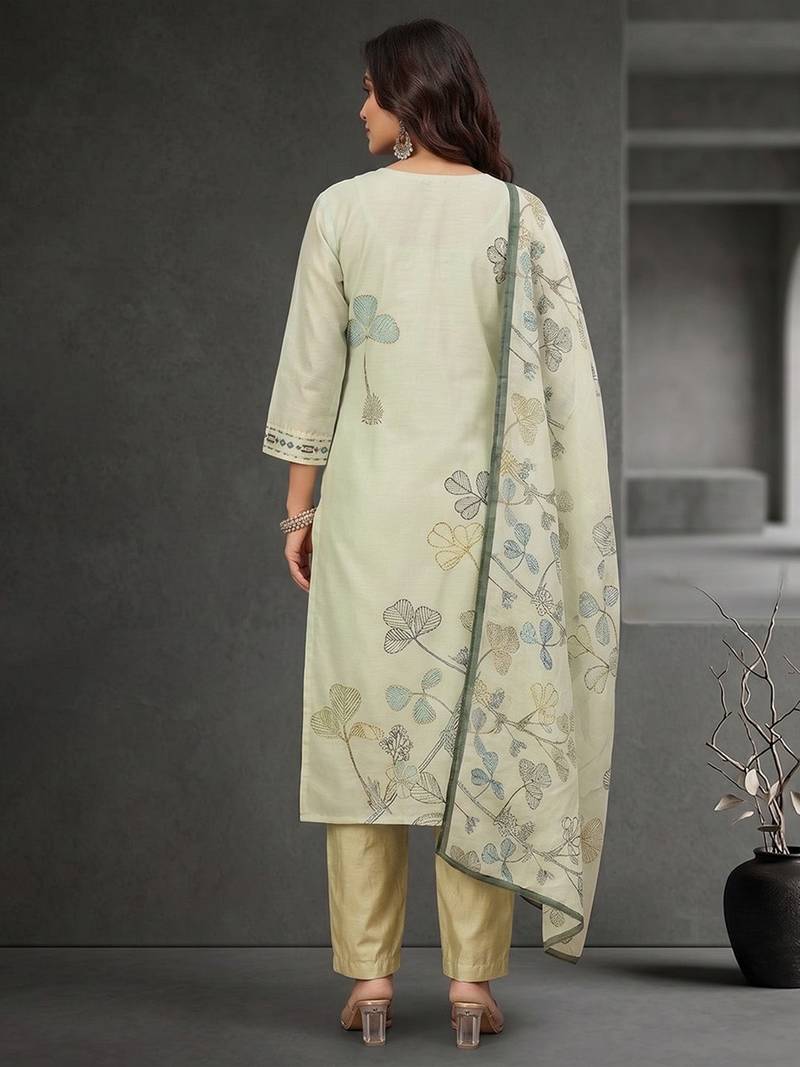 Women Floral Printed Regular Thread Work Chanderi Cotton Kurta with Trousers & With Dupatta