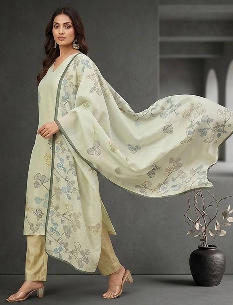 Women Floral Printed Regular Thread Work Chanderi Cotton Kurta with Trousers & With Dupatta