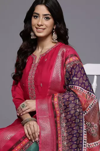 Thread & Zari Embroidered Kurta with Trouser & Ethnic Printed Dupatta
