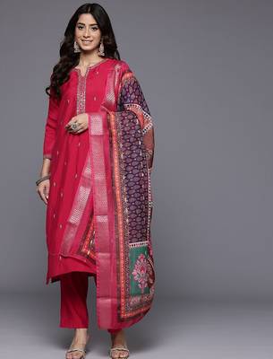 Thread & Zari Embroidered Kurta with Trouser & Ethnic Printed Dupatta 1