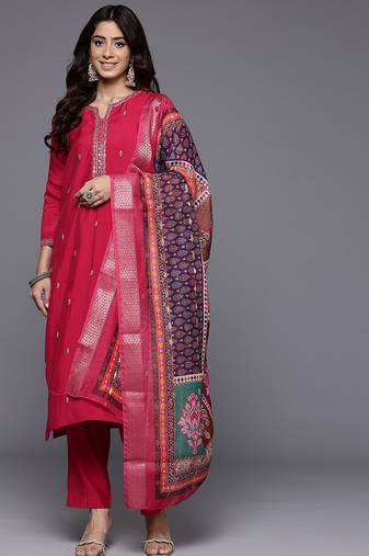 Thread & Zari Embroidered Kurta with Trouser & Ethnic Printed Dupatta