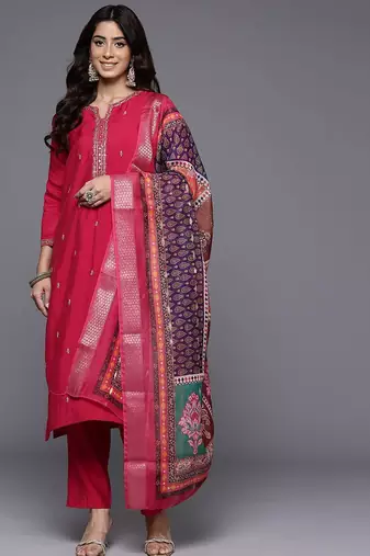 Thread & Zari Embroidered Kurta with Trouser & Ethnic Printed Dupatta