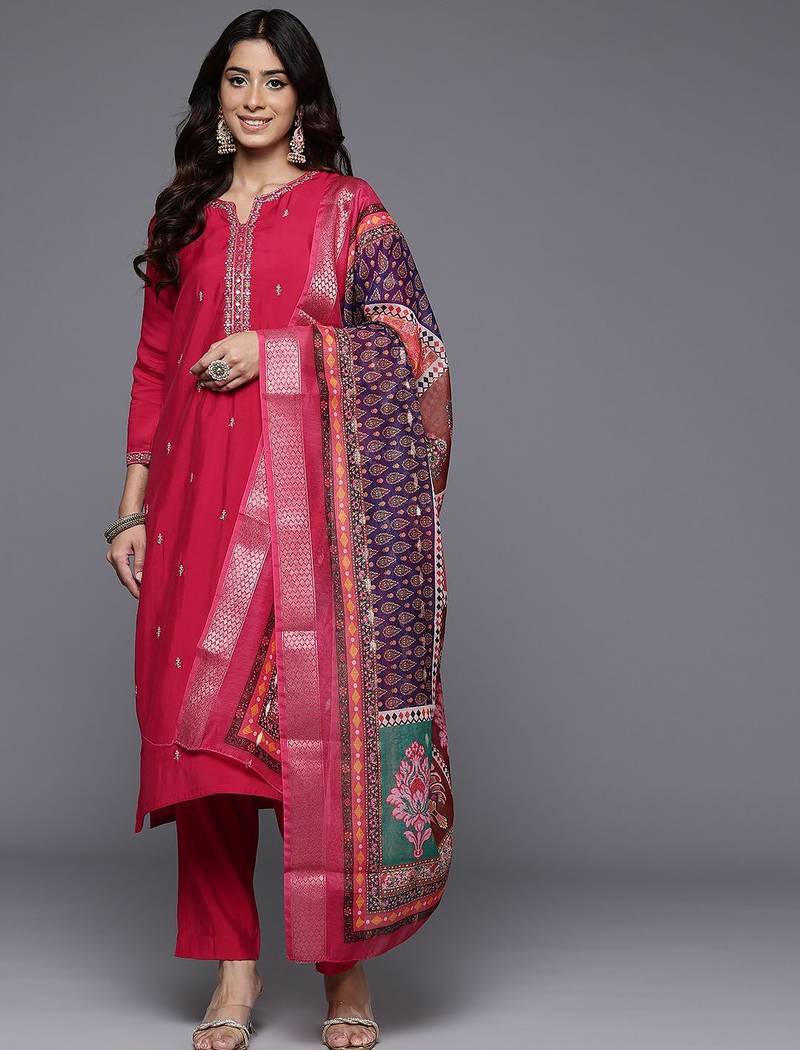 Thread & Zari Embroidered Kurta with Trouser & Ethnic Printed Dupatta