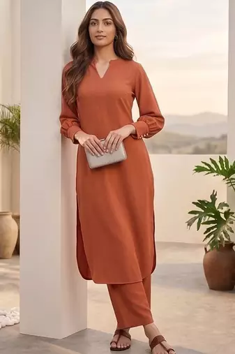 Women Regular Silk Crepe Kurta with Trousers