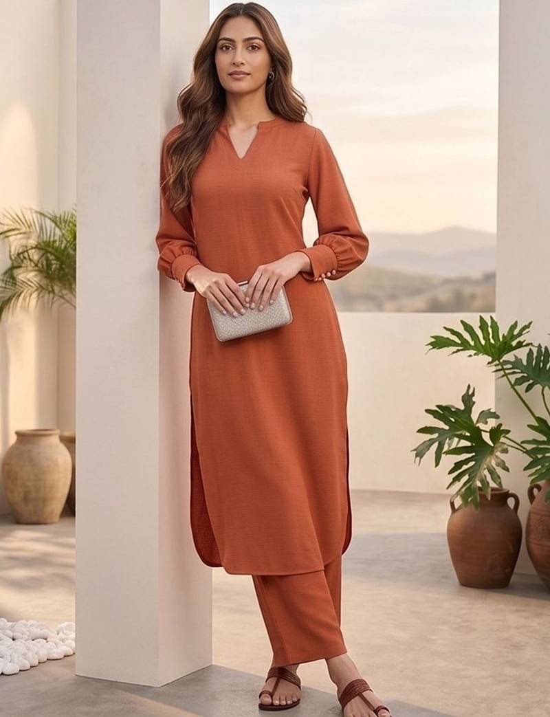 Women Regular Silk Crepe Kurta with Trousers
