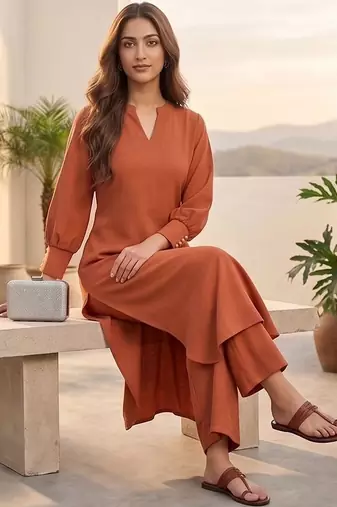 Women Regular Silk Crepe Kurta with Trousers