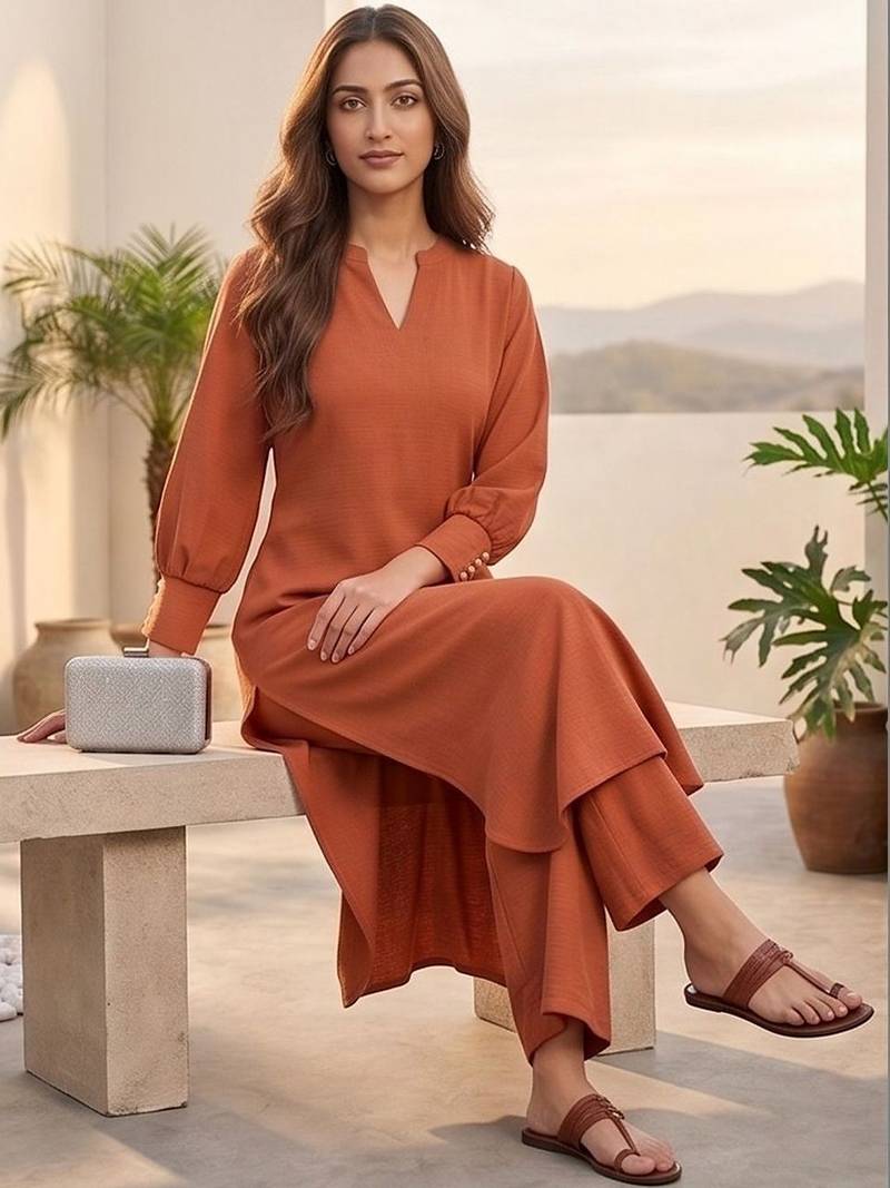 Women Regular Silk Crepe Kurta with Trousers
